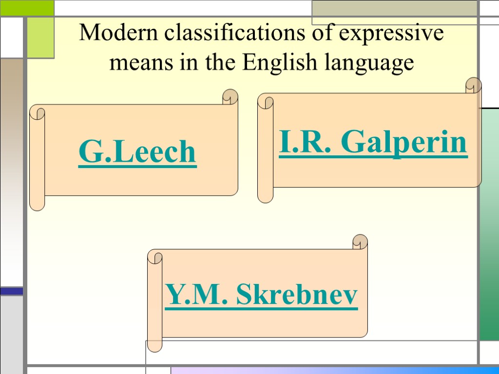 Modern classifications of expressive means in the English language G.Leech I.R. Galperin Y.M. Skrebnev